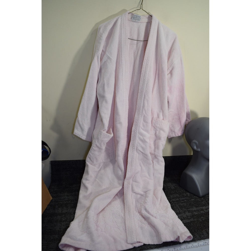 1980s Yves Delorme Paris France Pink Cotton Terry Cloth Bath Robe Floral L FLAWS